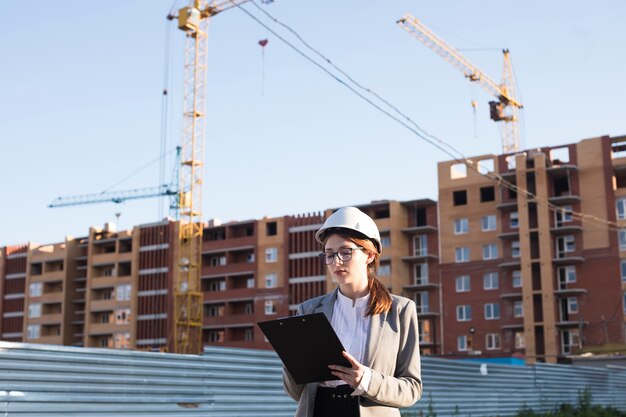 Arquitectura profesional femenina escribiendo en el portapapeles en el sitio de construcción