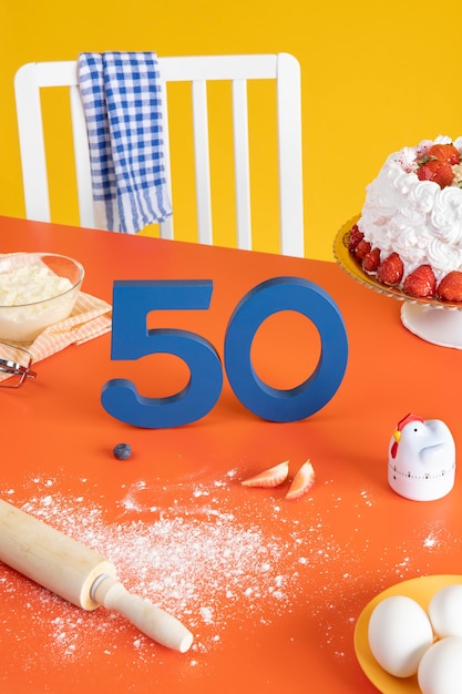 Arreglo de 50 cumpleaños con ingredientes para cocinar pasteles