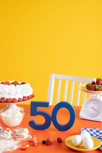 Foto gratuita arreglo de 50 cumpleaños con ingredientes para cocinar pasteles