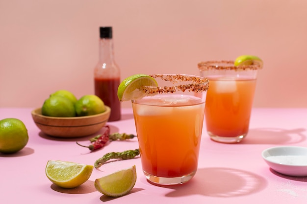 Foto gratuita arreglo de bebida picante michelada