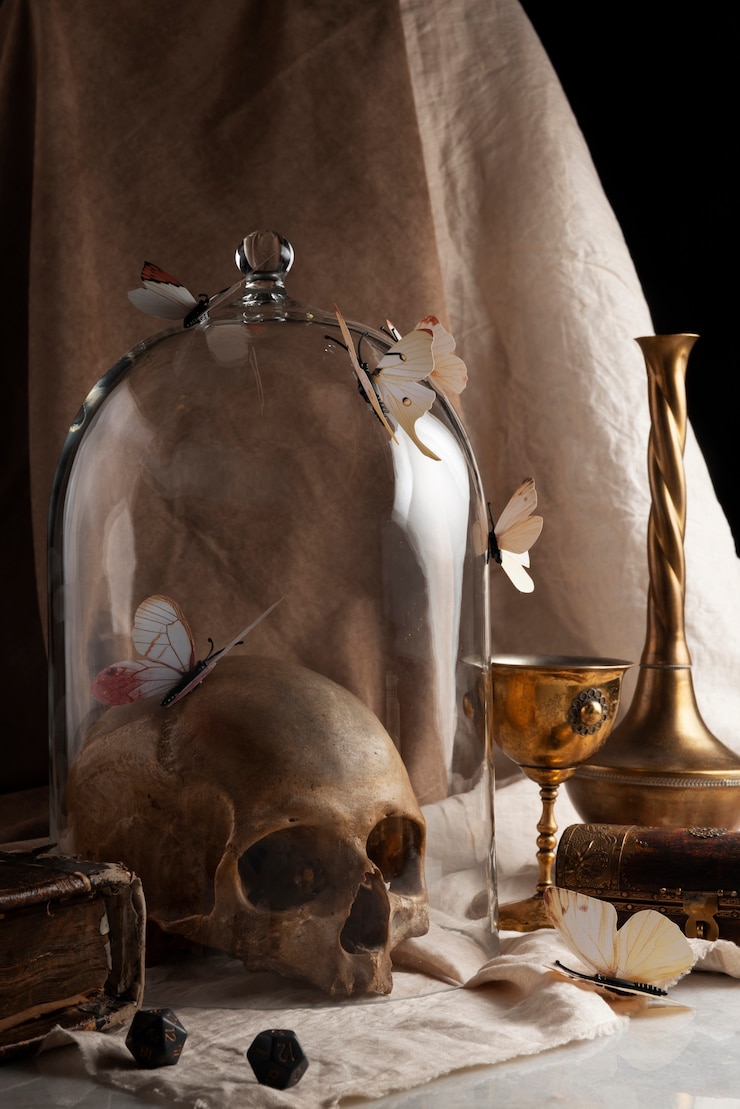 Foto gratuito arreglo de calavera en interiores bodegón