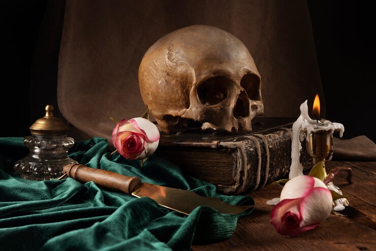 Foto gratuito arreglo de calavera y vela bodegón