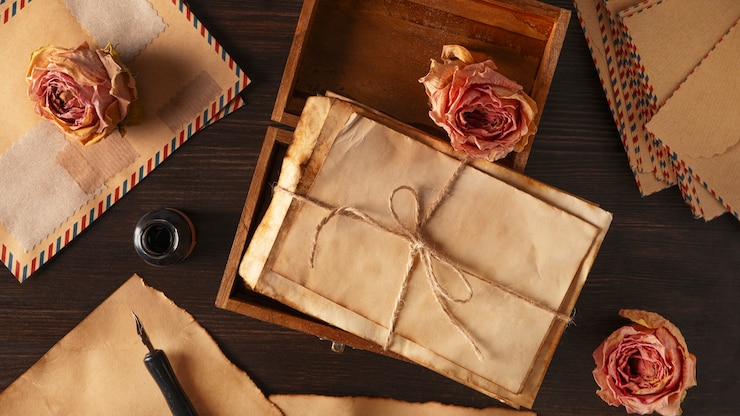 Foto gratuito arreglo de cartas de amor vista superior