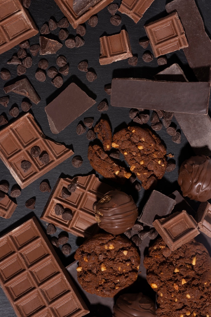 Foto gratuito arreglo de chocolate y galletas de vista superior