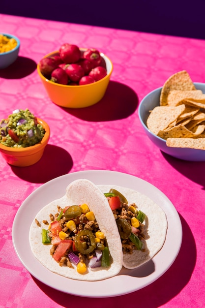 Foto gratuita arreglo de comida deliciosa de alto ángulo