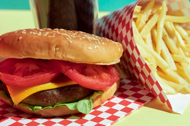 Arreglo de comida con hamburguesa con queso y papas fritas