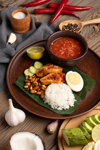 Arreglo de comida tradicional nasi lemak