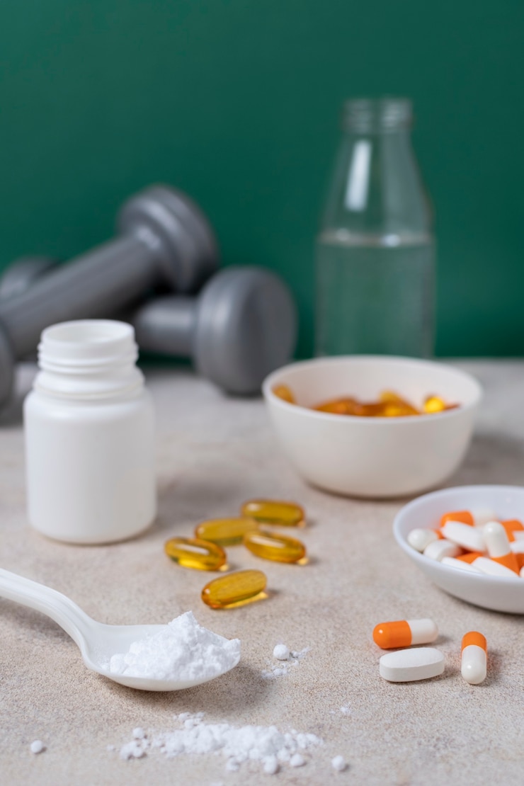Foto gratuito arreglo de complementos alimenticios de alto ángulo