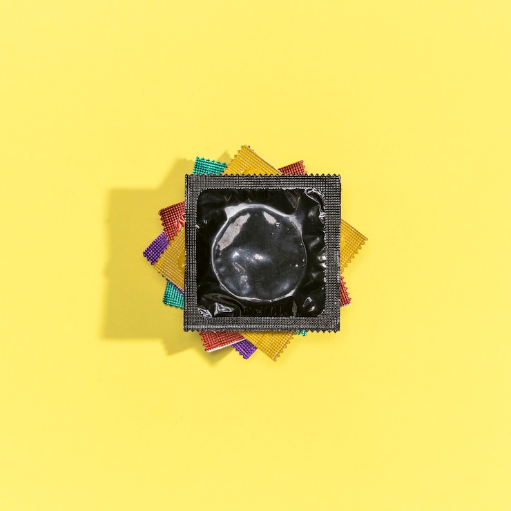 Foto gratuito arreglo de condones coloridos vista superior