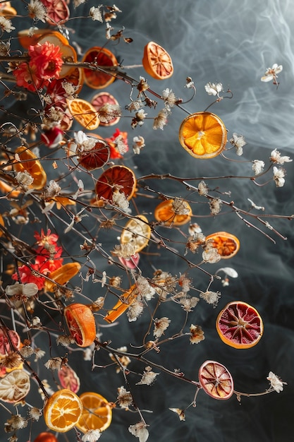 Foto gratuita arreglo decorativo con frutas secas y flores