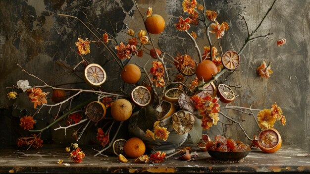 Foto gratuita arreglo decorativo con frutas secas y flores