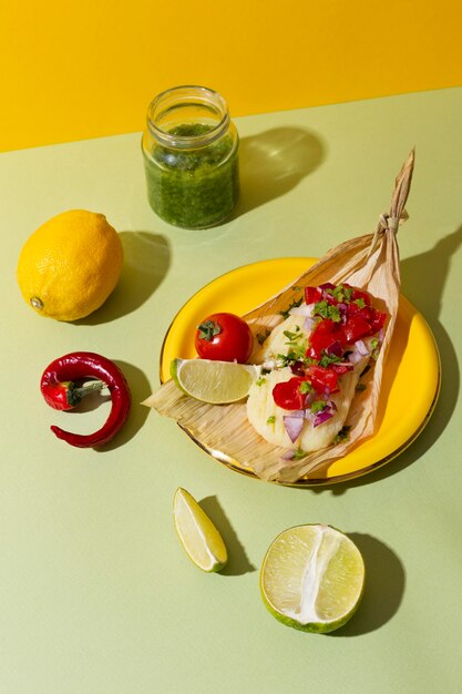 Arreglo de deliciosos tamales en plato