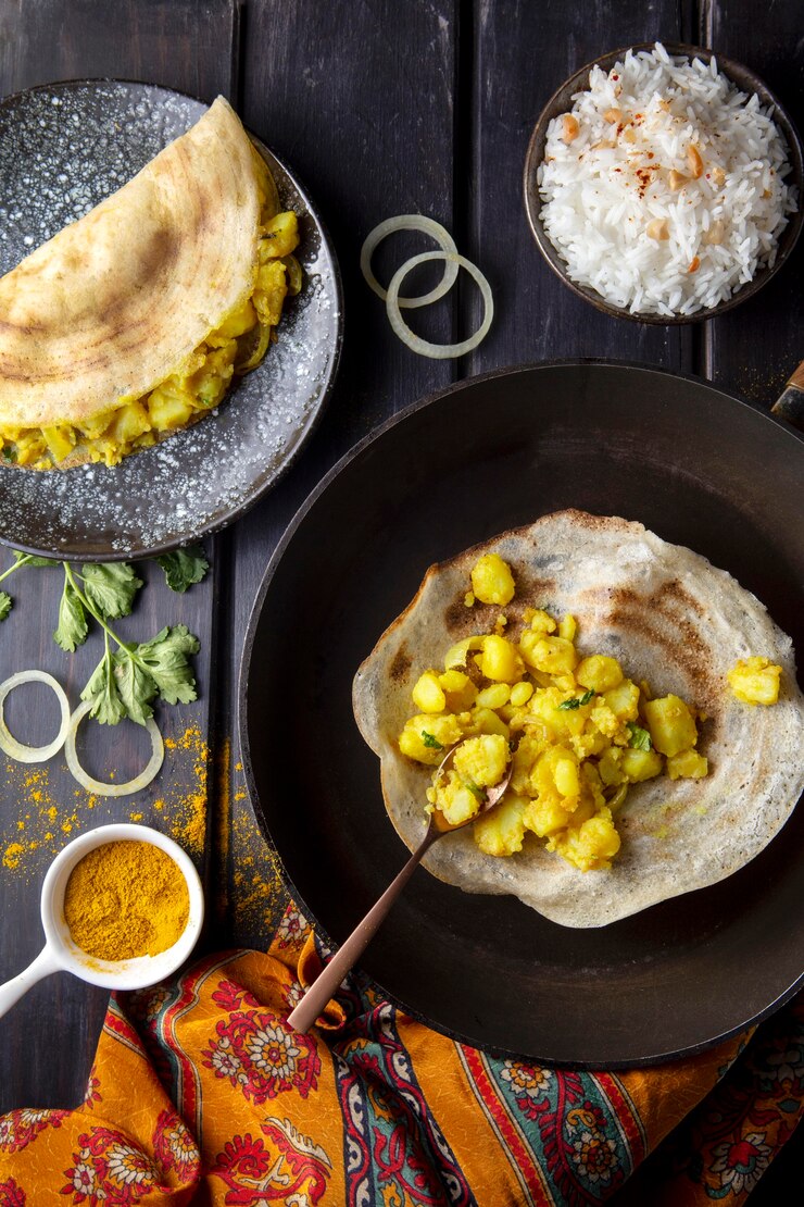 Foto gratuito arreglo de dosa indio nutritivo