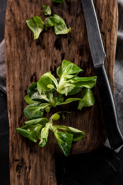 Arreglo de ensalada sobre tabla de madera