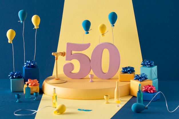 Arreglo festivo de 50 cumpleaños con globos.