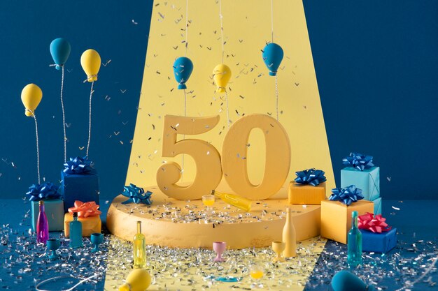 Arreglo festivo de 50 cumpleaños con globos.