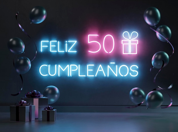 Arreglo festivo de 50 cumpleaños de neón