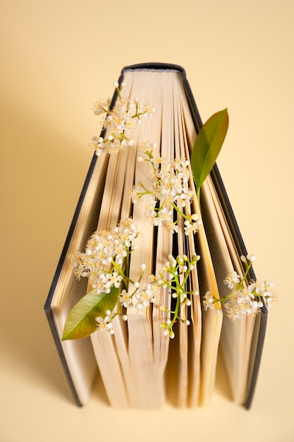 Foto gratuita arreglo floral y libro de alto ángulo.