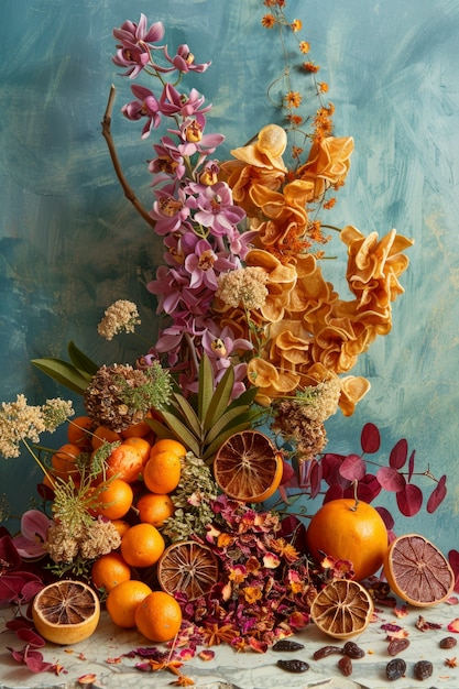 Foto gratuita arreglo con frutas y verduras secas decorativas