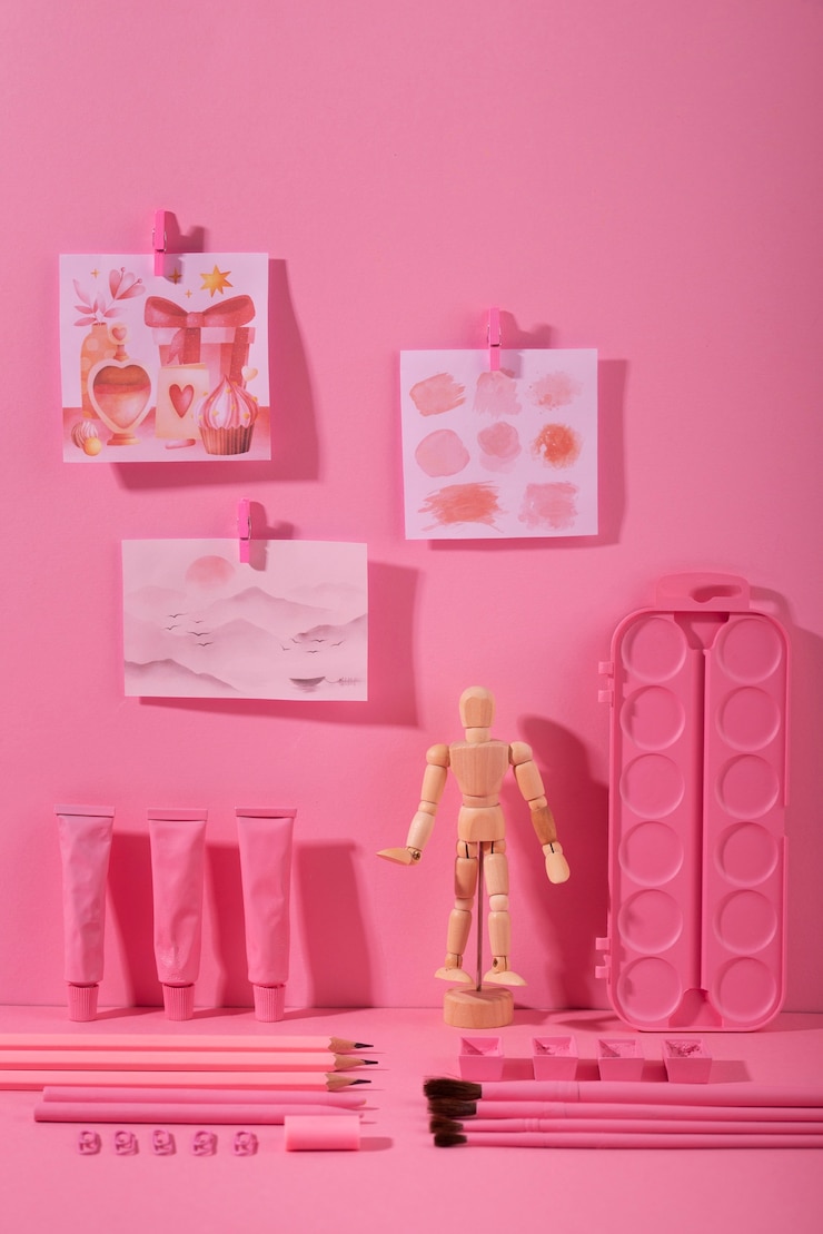 Foto gratuito arreglo de herramientas de ilustrador rosa