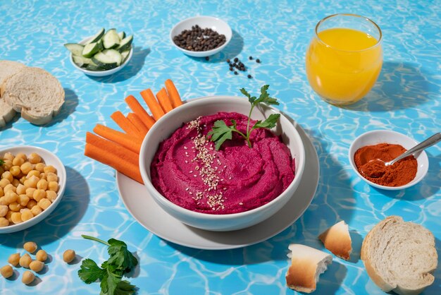 Arreglo de hummus y zanahorias en ángulo alto