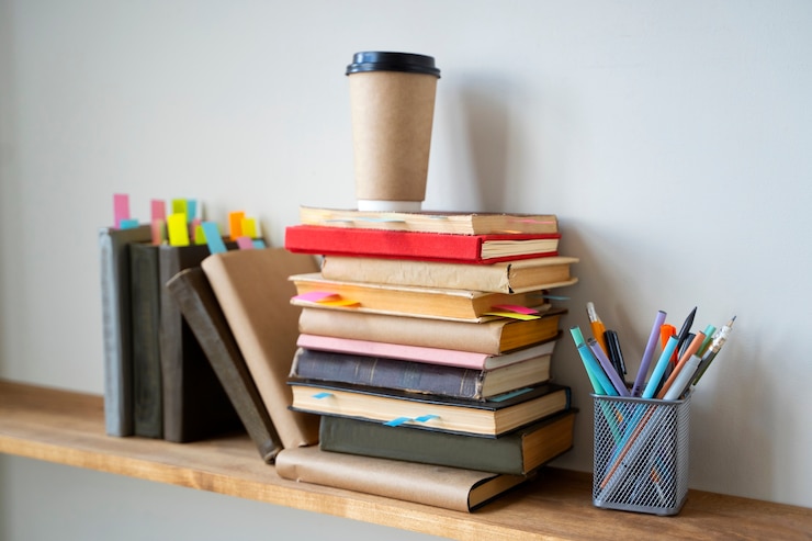 Foto gratuito arreglo de libros y crayones en estante.
