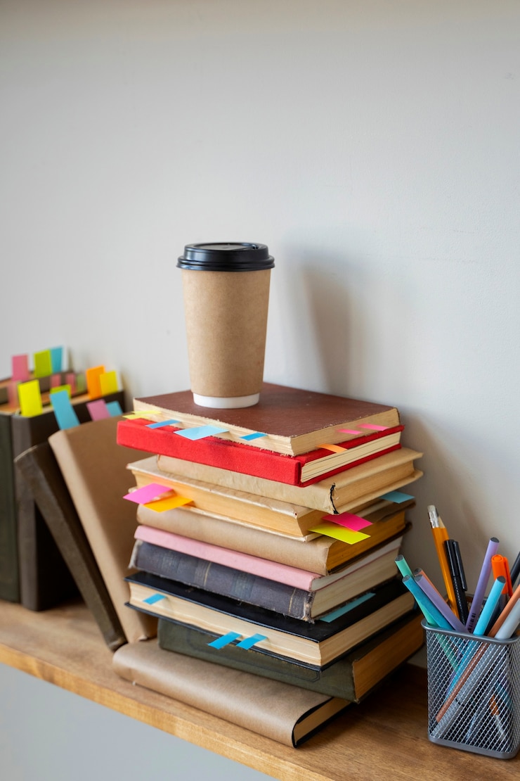 Foto gratuito arreglo de libros y crayones en estante.