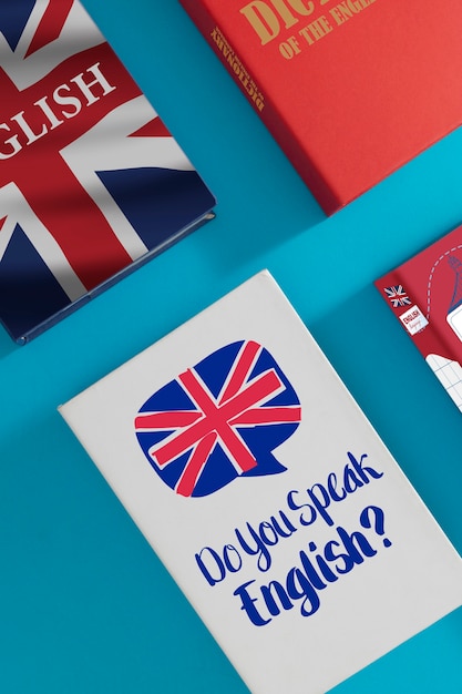 Arreglo de libros en inglés de vista superior