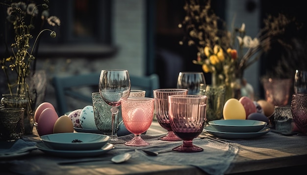 Arreglo de mesa elegante con decoración moderna y vino generado por IA