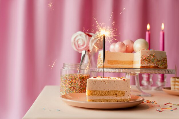 Arreglo de mesa para evento de cumpleaños con torta y dulces.