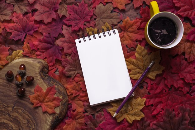 Arreglo de otoño con bloc de notas y bebidas