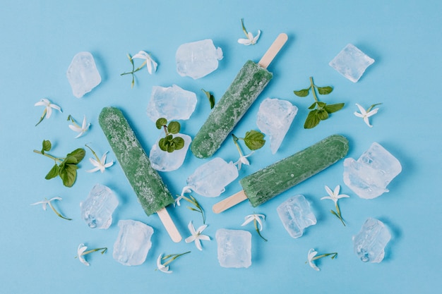 Arreglo de paletas de helado de kiwi y menta y hielo