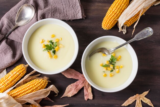 Arreglo plano de tazones de sopa de crema laicos