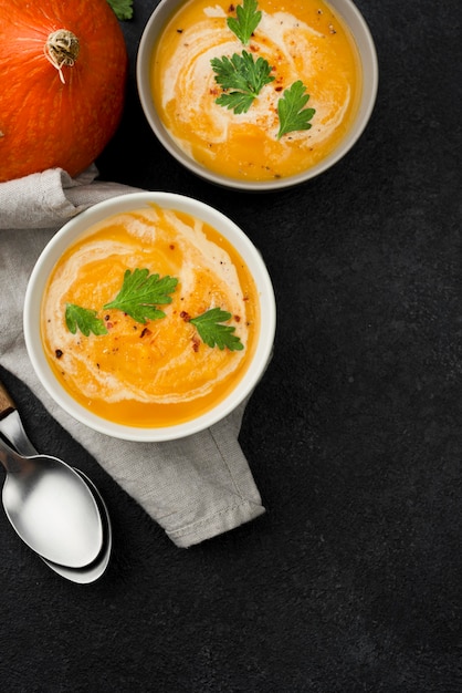 Arreglo de sopa de otoño deliciosa endecha plana con espacio de copia