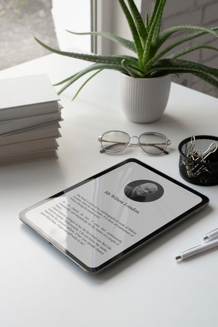 Foto gratuito arreglo de tableta y libros de alto ángulo.