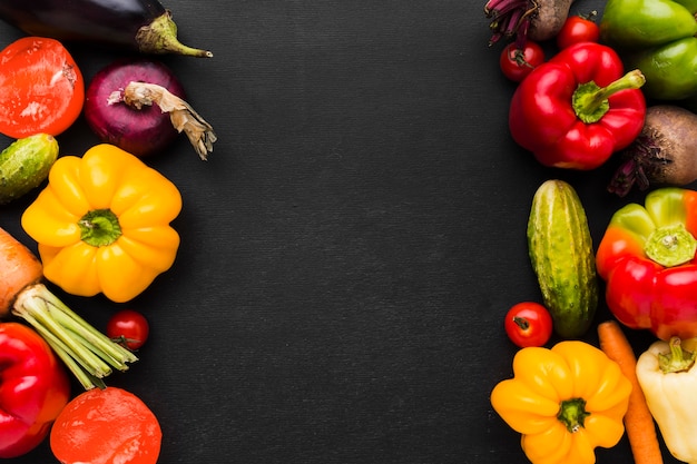 Arreglo de verduras sobre fondo oscuro con espacio de copia