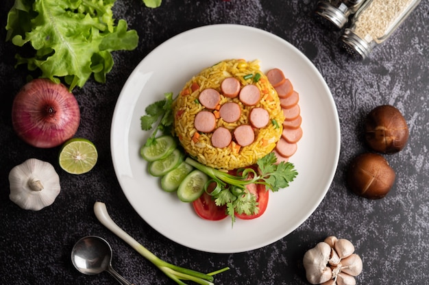 Arroz frito de salchicha con tomates, zanahorias y setas shiitake en el plato