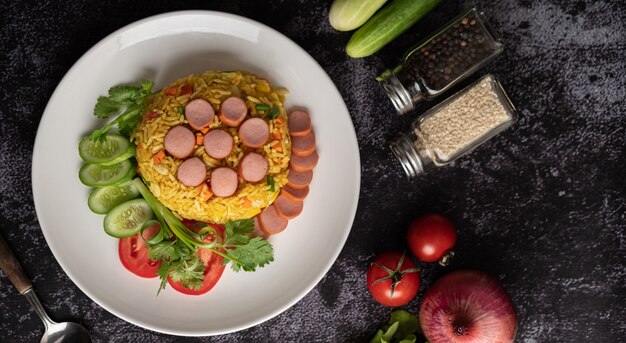 Arroz frito de salchicha con tomates, zanahorias y setas shiitake en el plato