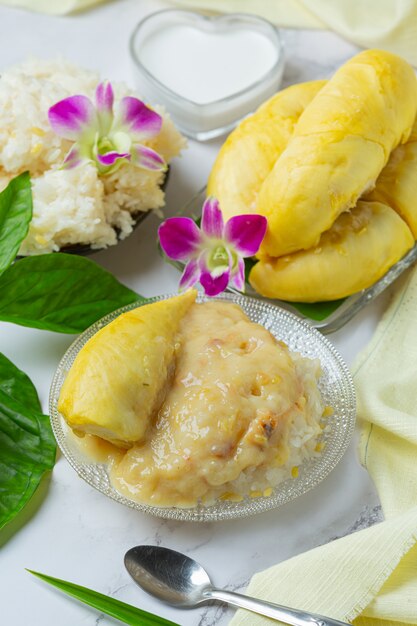 Arroz pegajoso dulce tailandés con durian en un postre.