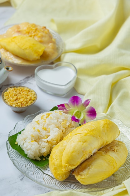 Foto gratuita arroz pegajoso dulce tailandés con durian en un postre.