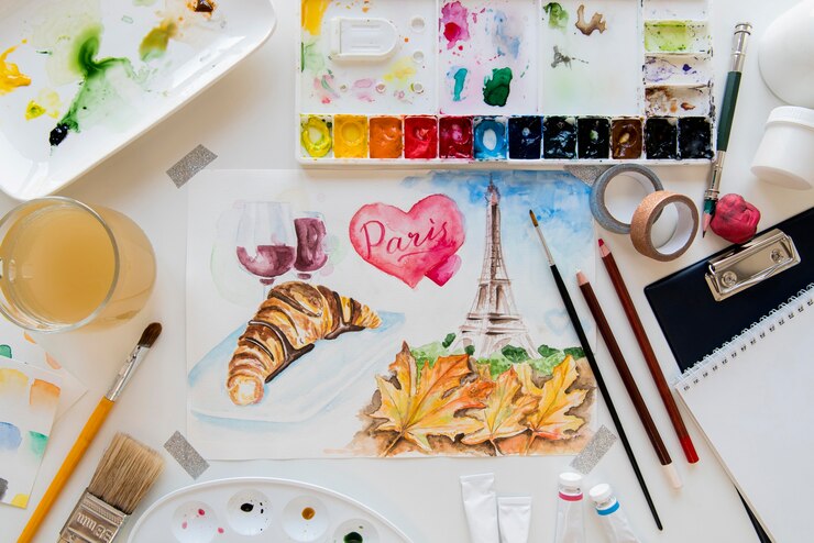 Photo Gratis art desk concept with paint and brushes