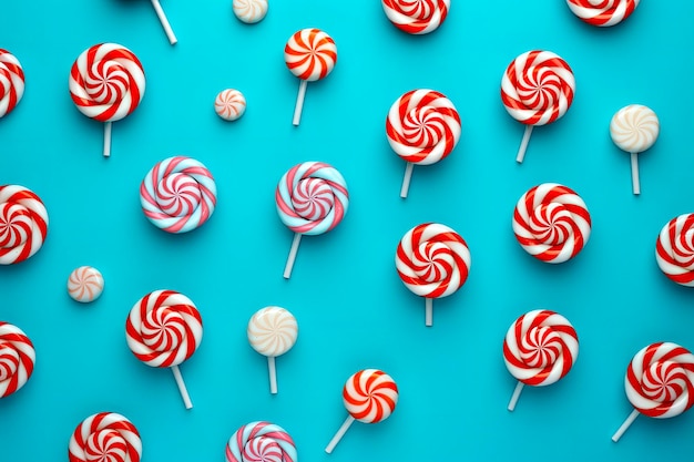 Foto gratuita arte navideño mínimo creativo patrón hecho con dulces navideños sobre fondo azul brillante espacio de copia plano composición mínima