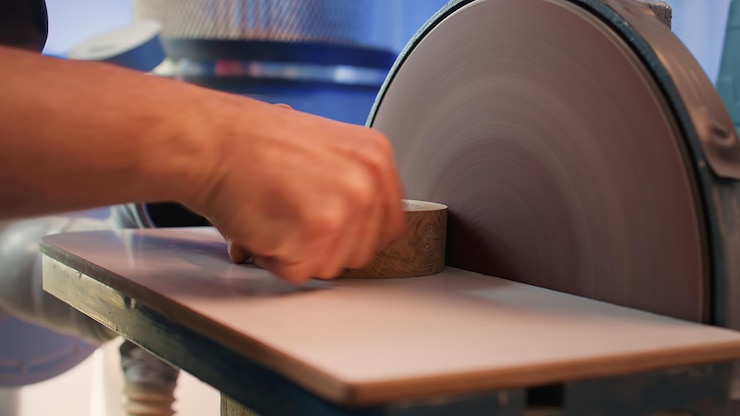 Foto gratuito artesanía de lijado de objetos de madera en una lijadora de disco en un taller de ensamblaje