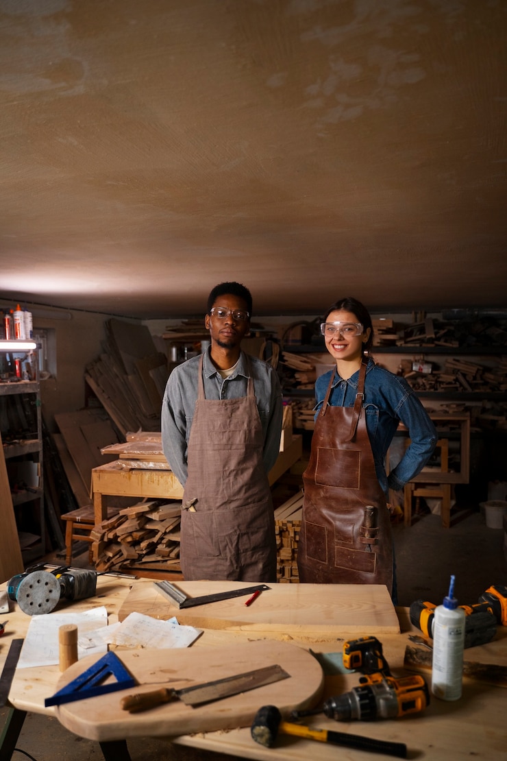 Foto gratuito artesanos sonrientes de tiro medio en el taller.