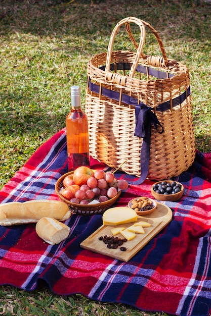 Artículos de picnic de alto ángulo sobre una manta roja y azul