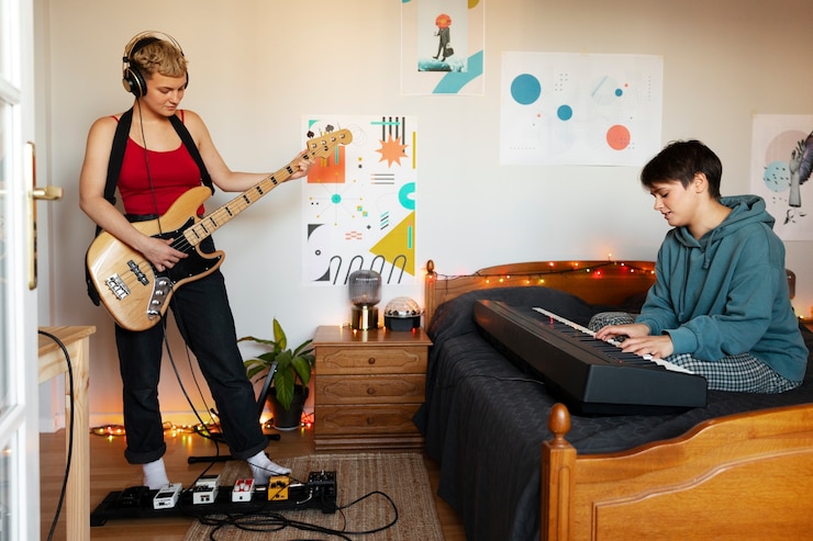 Foto gratuito artista creando música pop de dormitorio alternativa