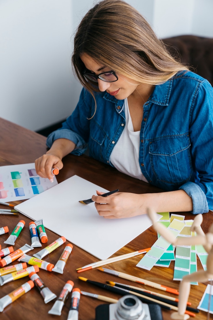 Foto gratuito artista femenina creativa pintando