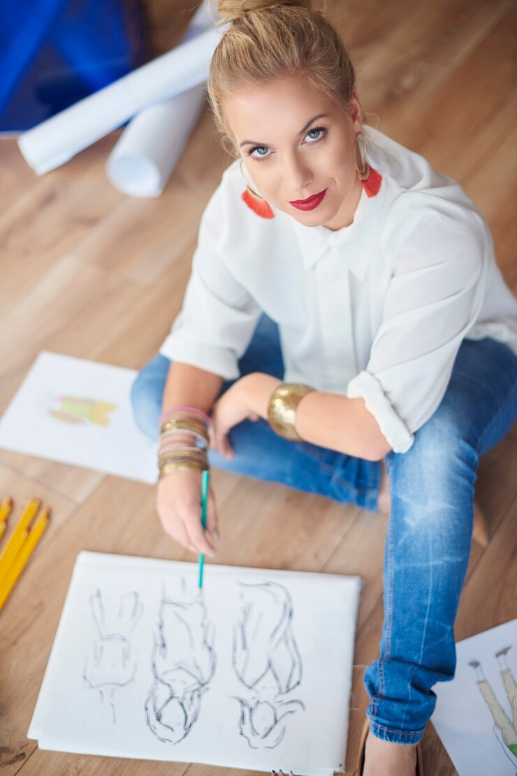 Foto gratuito artista femenina dibujando bocetos de moda