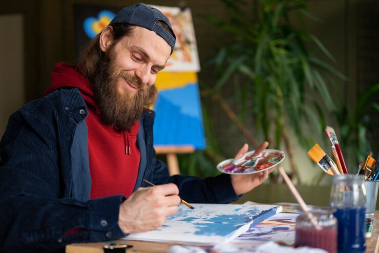 Foto gratuito artista masculino pintando con acuarela en el estudio.
