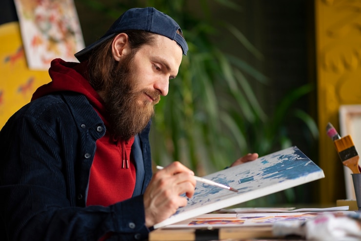 Foto gratuito artista masculino pintando con acuarela en el estudio.